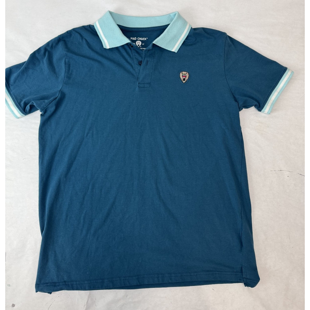 Mad Chuck Logo Polo Shirt Pima Cotton Preppy Surf Skater Streetwear Blue Large